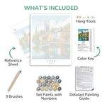 Collection of art supplies including a painting, reference sheet, brushes, set paints with numbers, color key, and detailed painting guide on a white background.