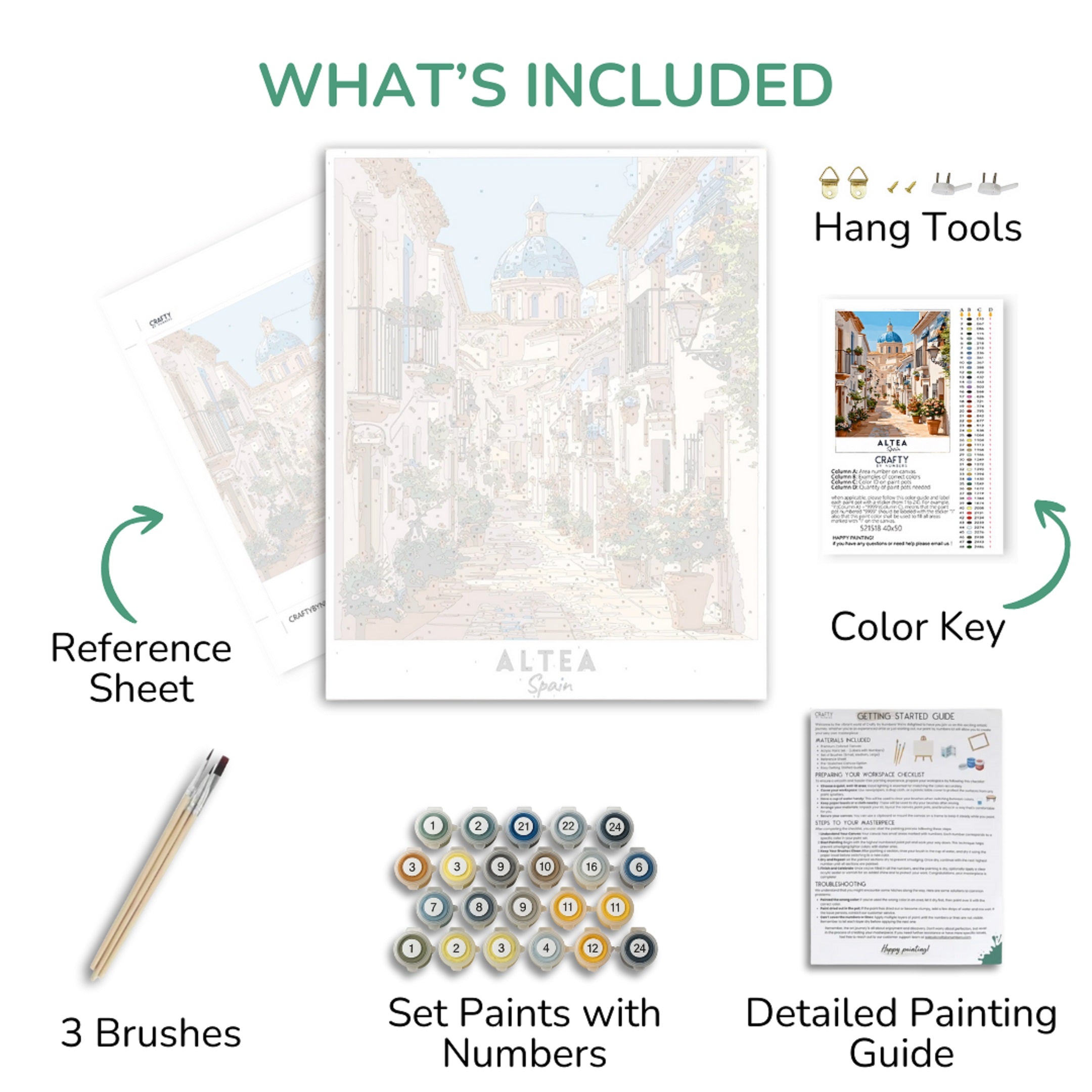 Artistic painting kit components including a reference sheet, paint set, brushes, and instructions.