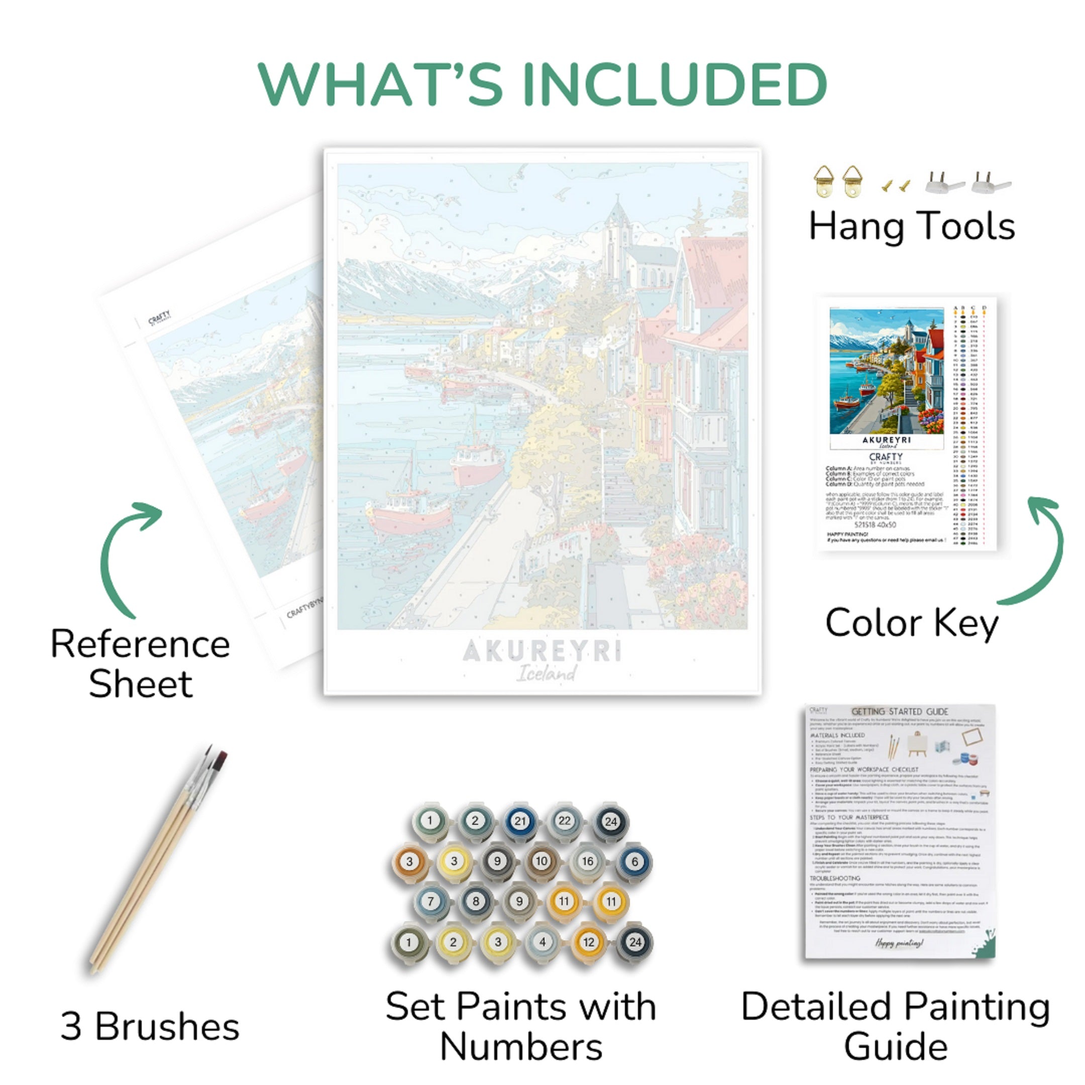 Collection of art supplies including a painting, reference sheet, brushes, set paints with numbers, color key, and detailed painting guide.