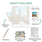 Artistic painting kit components including a reference sheet, brush set, paint set, color key, and detailed painting guide.