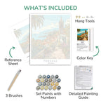 Artistic painting kit components including a painting, reference sheet, brushes, set paints, and detailed guide on a white background.