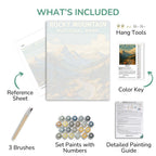 Painting kit components including a reference sheet, paint set, brushes, and tools with text indicating what's included.