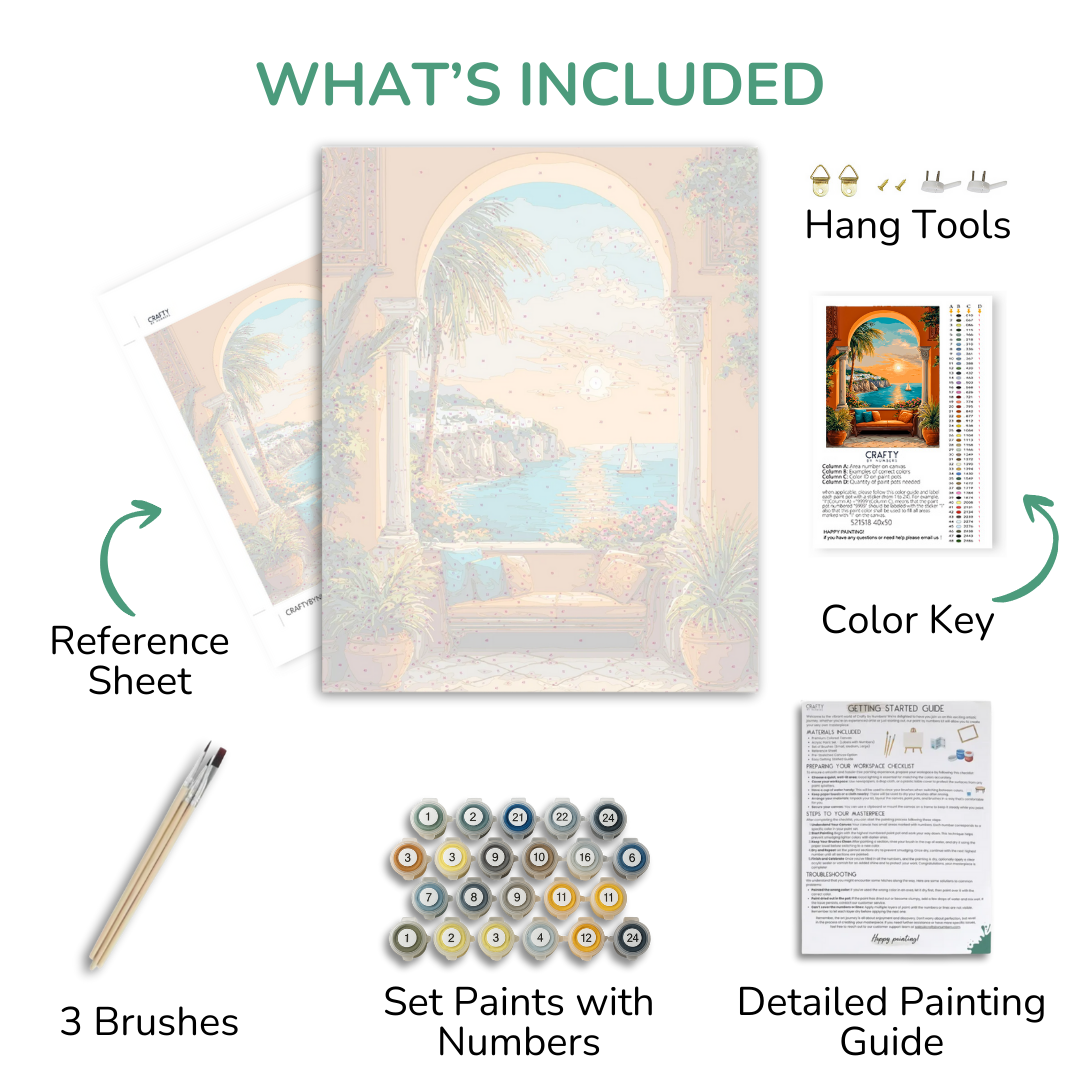 Artistic painting kit components including a painting, reference sheet, brushes, set paints with numbers, color key, and detailed painting guide.