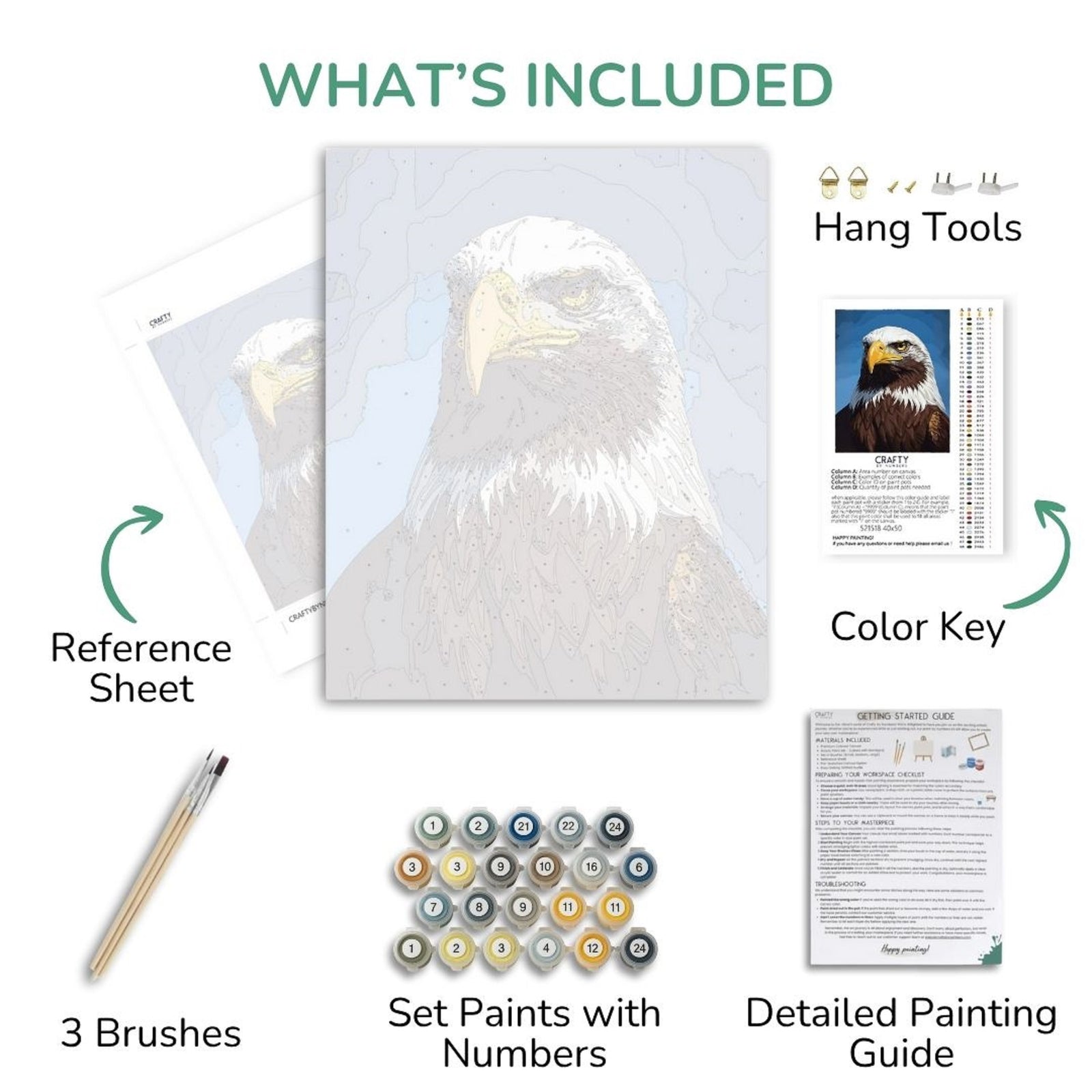 Collection of items included in a painting kit with an eagle image, brushes, paint set, and reference sheet.