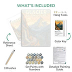 Artistic painting kit with reference sheet, brushes, paint set, color key, and detailed guide.