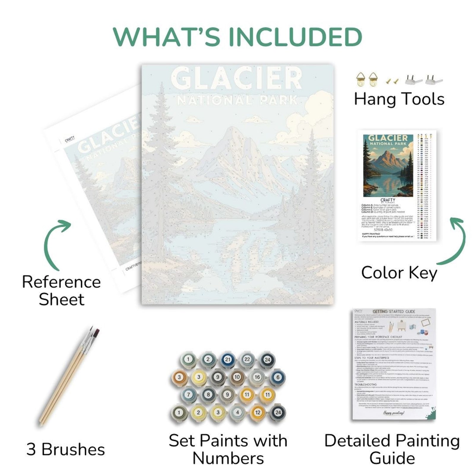 Componentes del kit de pintura artística que incluyen una hoja de referencia, un juego de pintura, pinceles y herramientas sobre un fondo blanco.