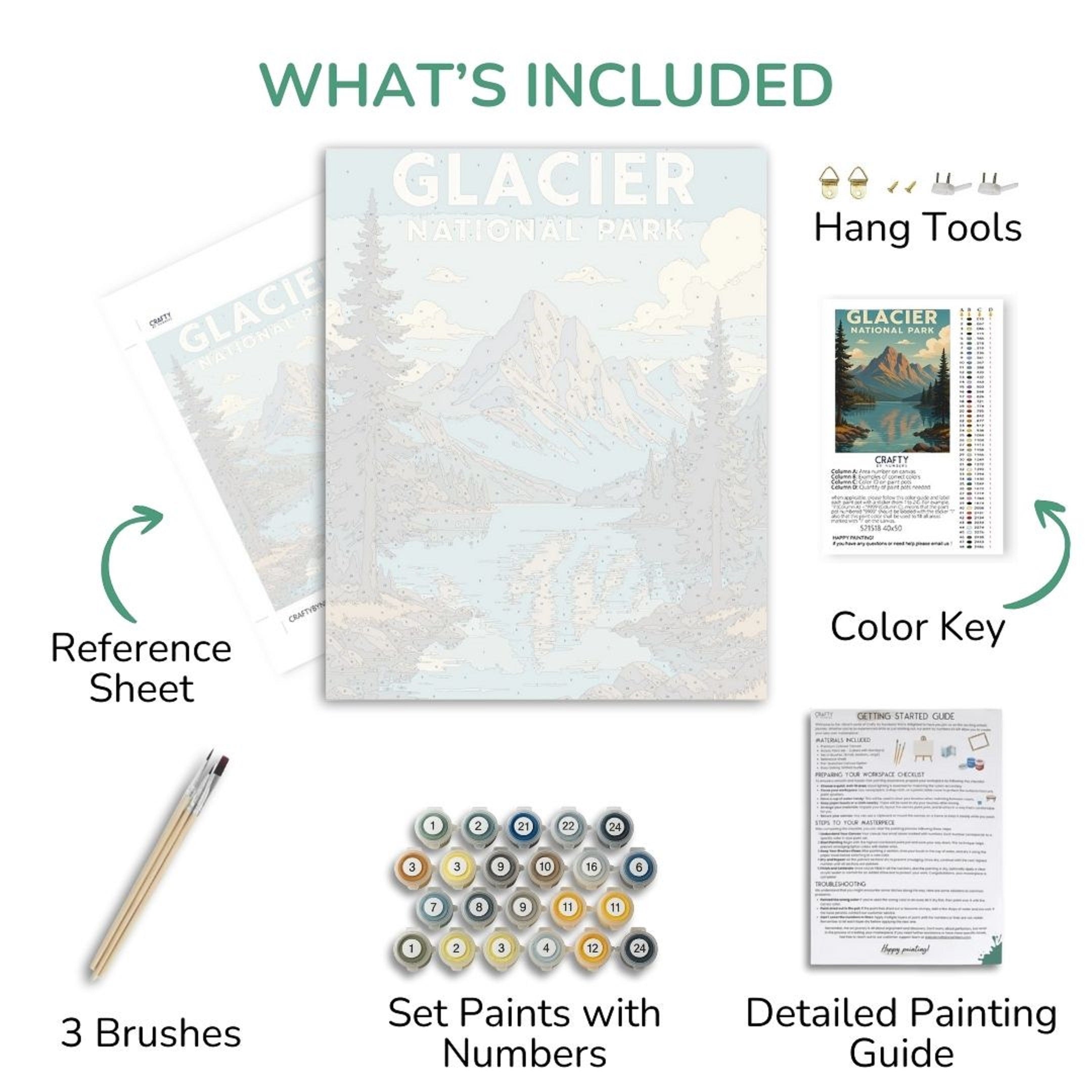 Artistic painting kit components including a reference sheet, paint set, brushes, and tools on a white background.