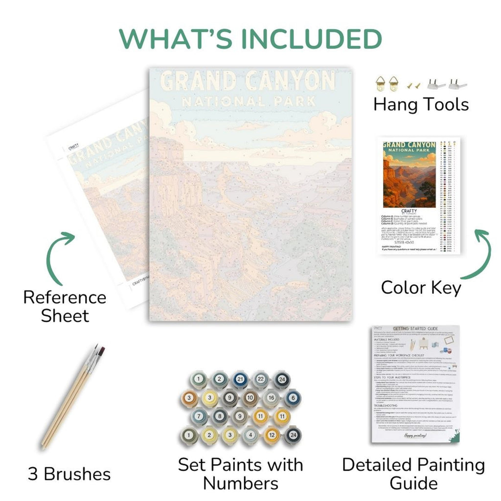Painting kit components including a reference sheet, paint set, brushes, and detailed guide with Grand Canyon imagery.