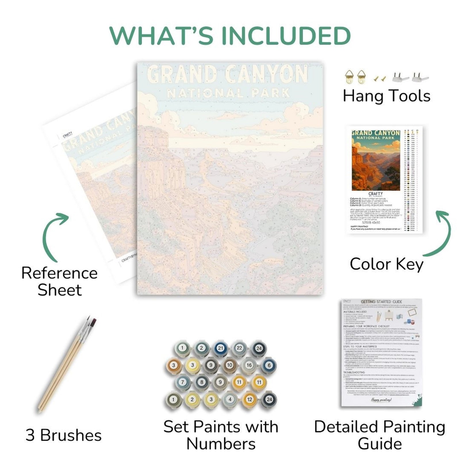 Componentes del kit de pintura que incluyen una hoja de referencia, un juego de pintura, pinceles y una guía detallada con imágenes del Gran Cañón.