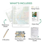 Collection of items included in a painting kit with text labels on a white background.