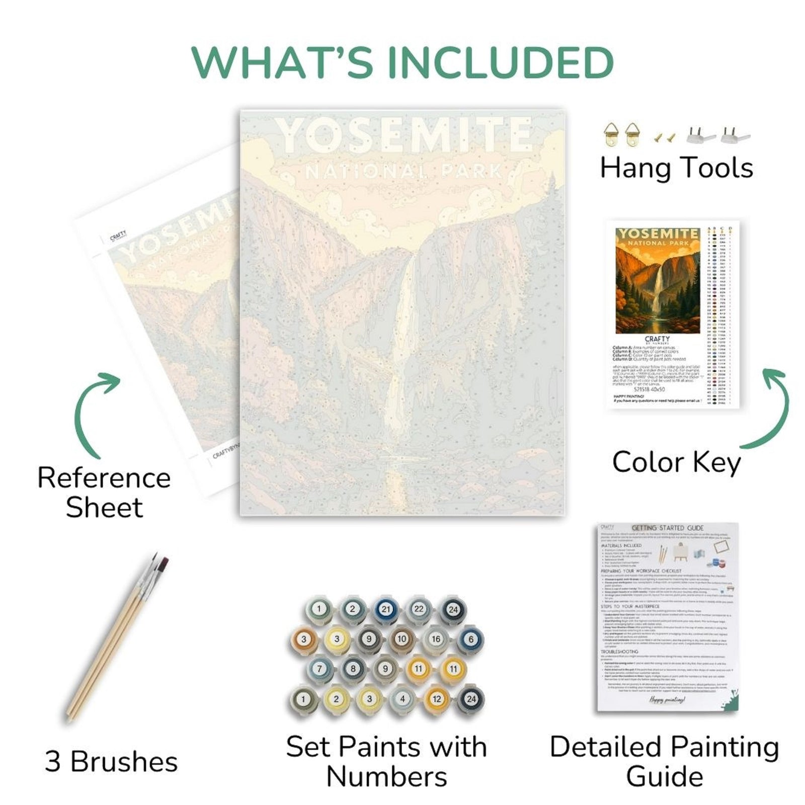 Yosemite-themed art set with reference sheet, brushes, paint set, and detailed guide on a white background.