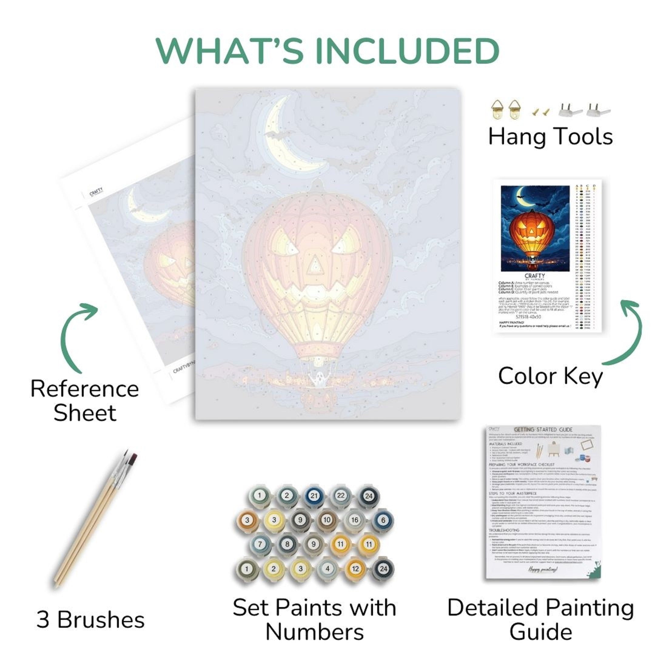 Diy painting kit contents including reference sheet, paint set, brushes, and instructions.