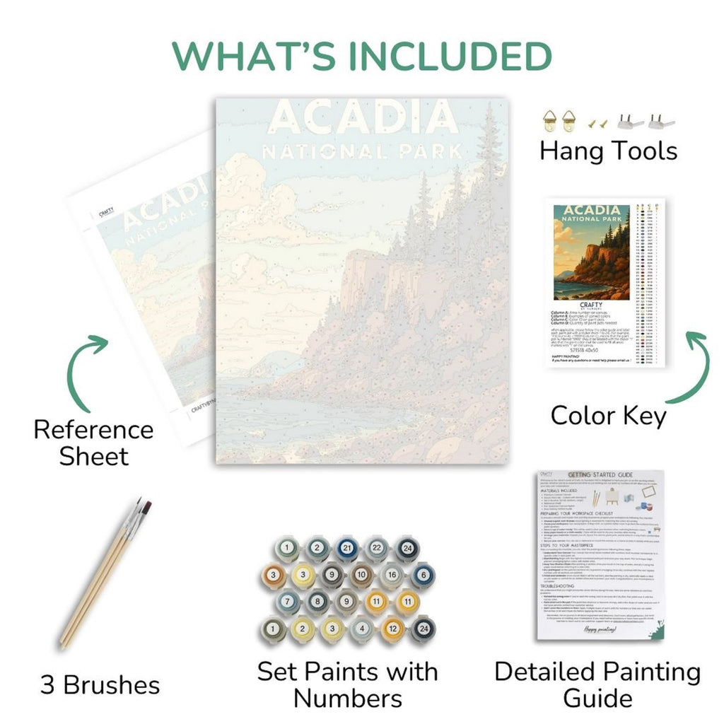 Acadia National Park paint by numbers kit with components listed