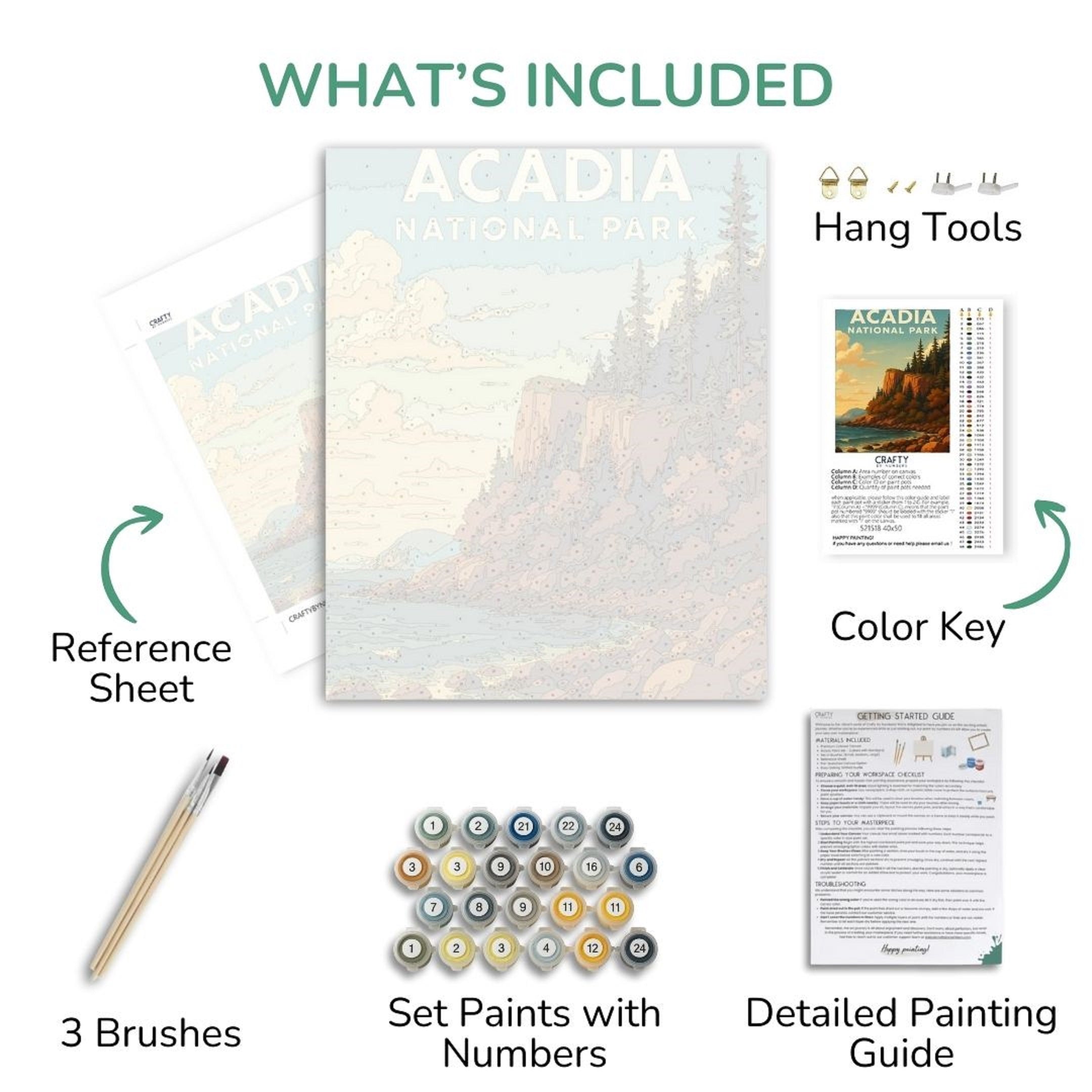 Acadia National Park paint by numbers kit with components listed