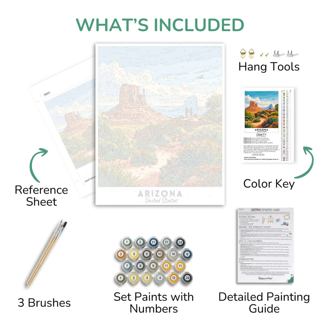 Set of art supplies including brushes, paint set, reference sheet, and detailed painting guide with a scenic print of Arizona.