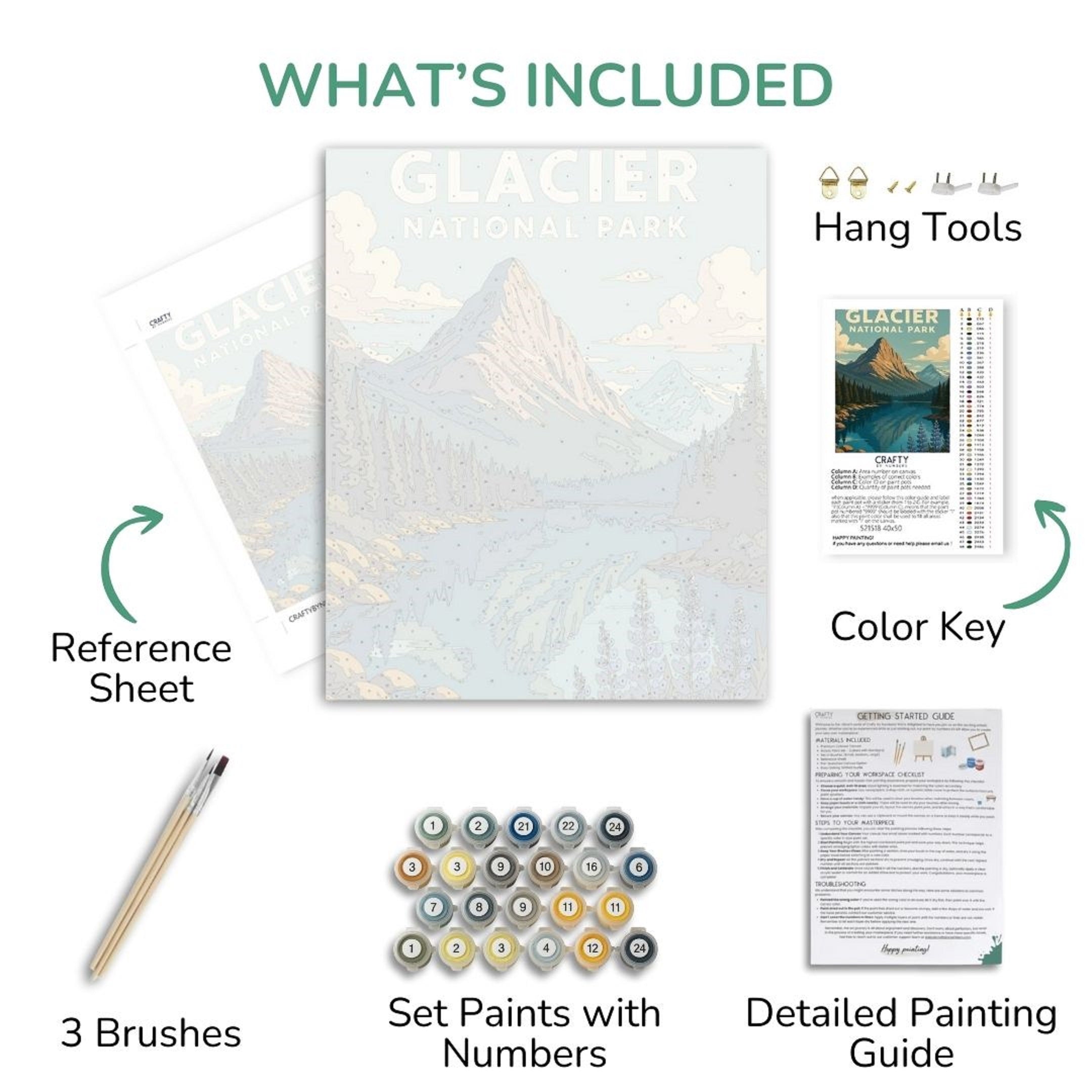 Glacier National Park painting kit with reference sheet, brushes, paint set, and detailed guide on a white background.