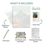 Yosemite National Park art set with reference sheet, brushes, paint set, and detailed guide.