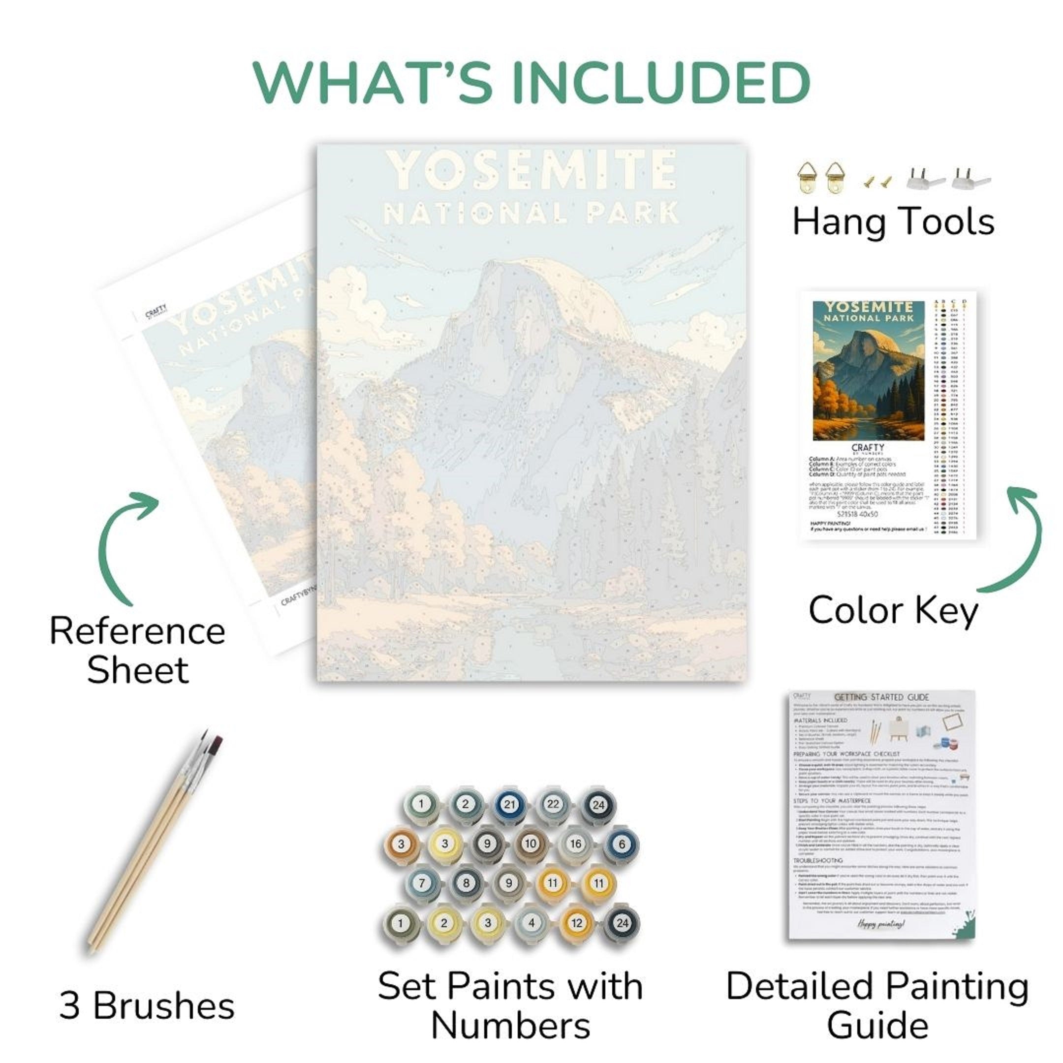 Yosemite National Park art set with reference sheet, brushes, paint set, and detailed guide.