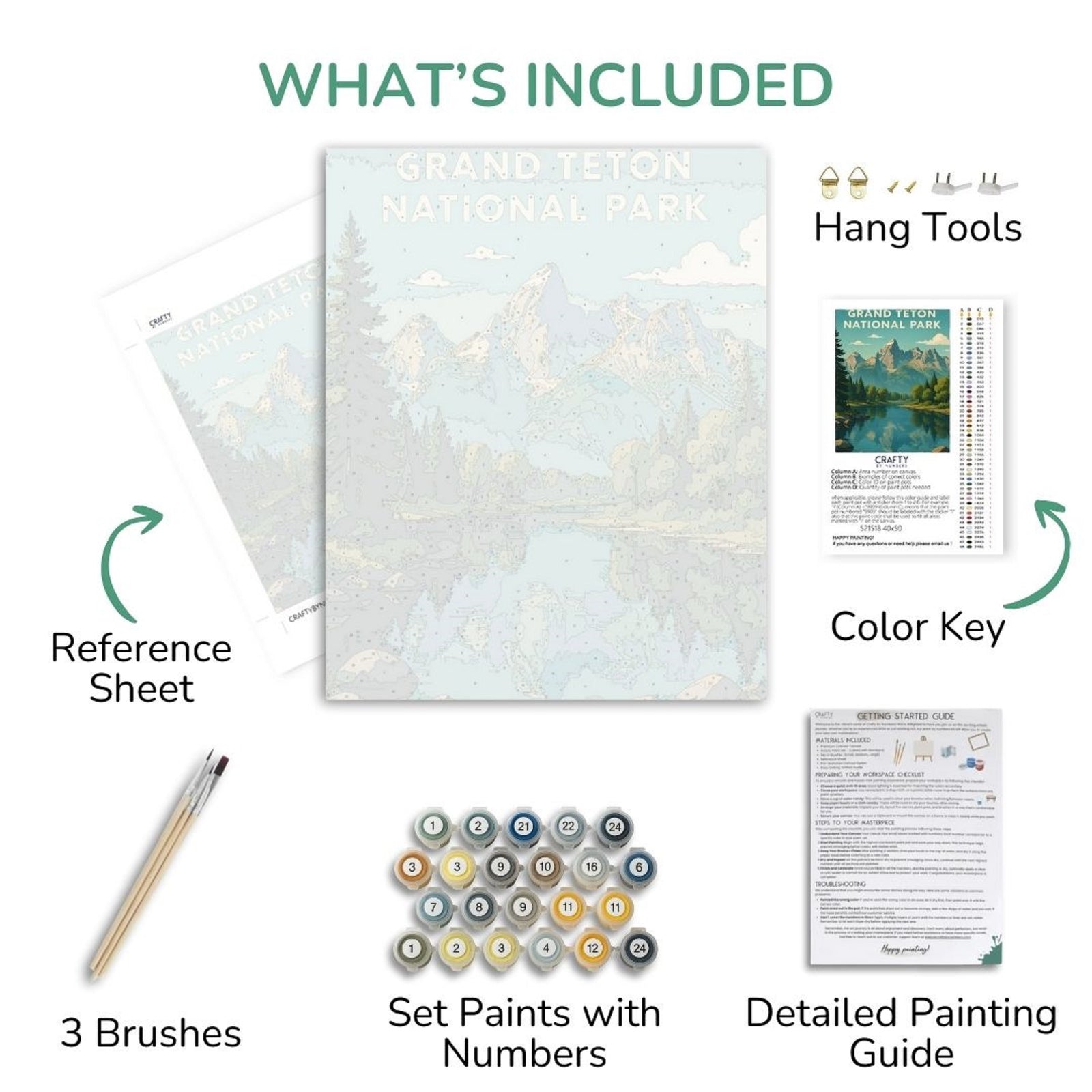 Colección de elementos incluidos en un kit de pintura con hoja de referencia, pinceles, set de pintura y guía.