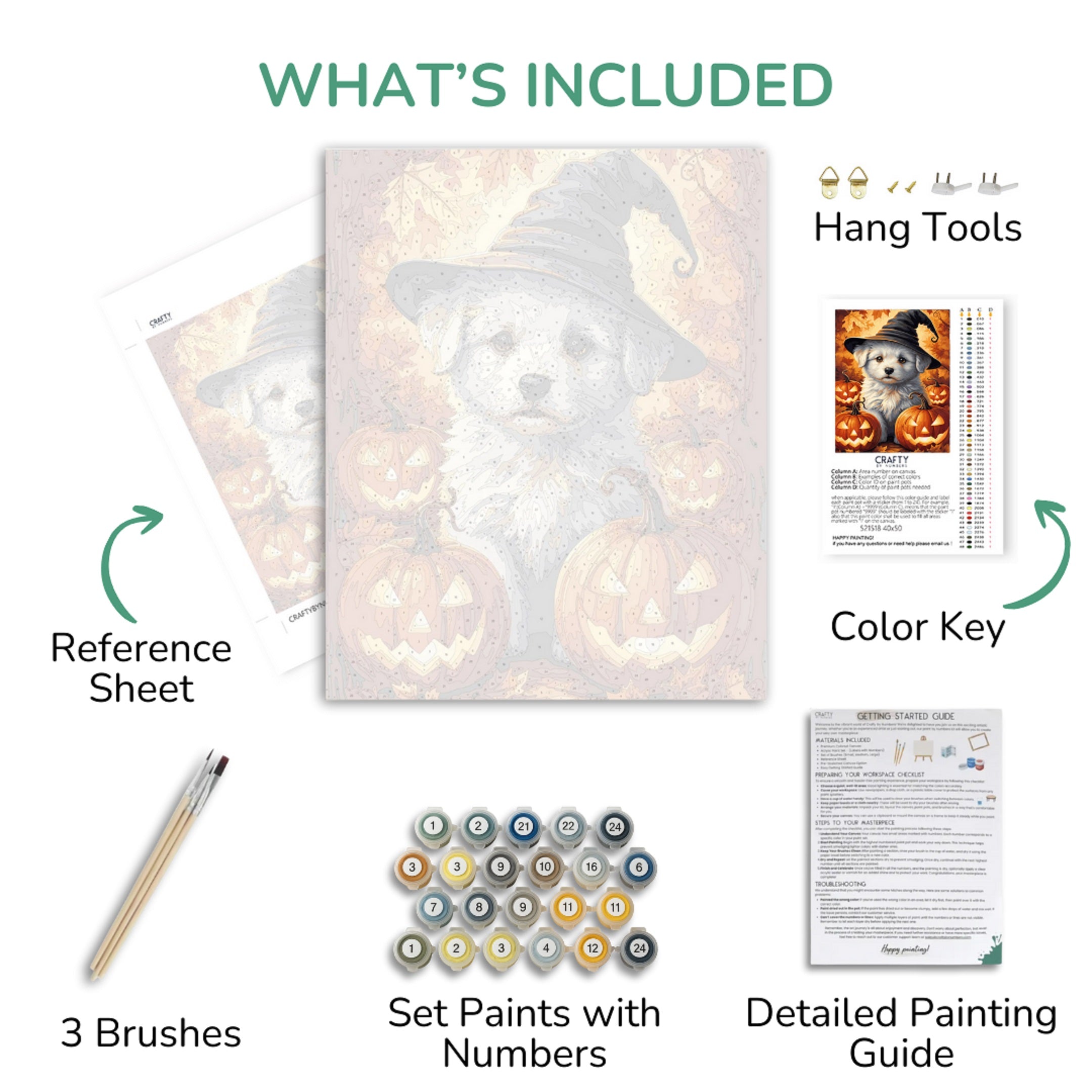 Halloween-themed painting kit with reference sheet, brushes, paint set, color key, and detailed guide.