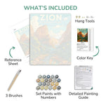 Zion National Park painting kit with reference sheet, brushes, paint set, color key, and detailed painting guide.