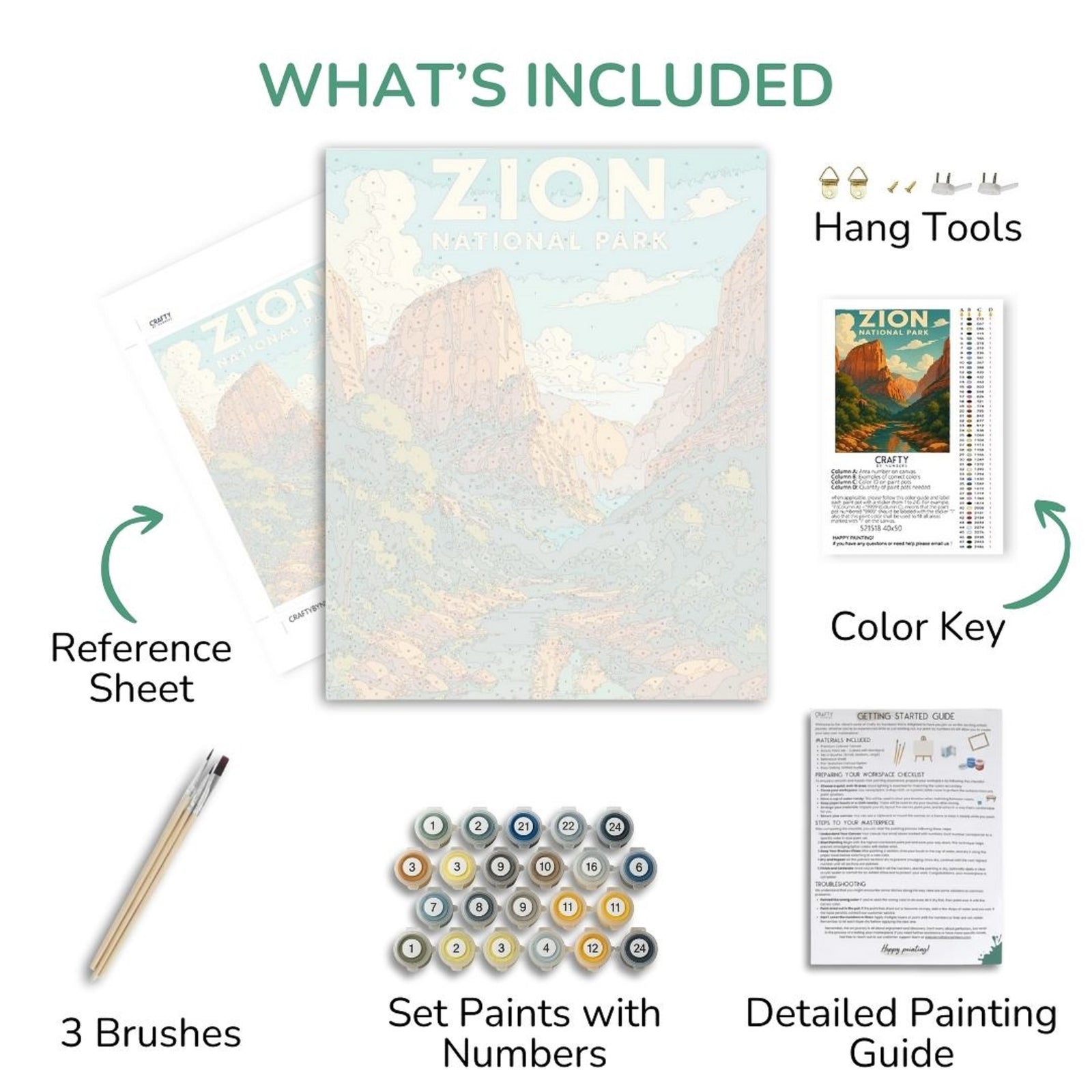 Kit de peinture du parc national de Zion avec feuille de référence, pinceaux, kit de peinture, clé de couleur et guide de peinture détaillé.