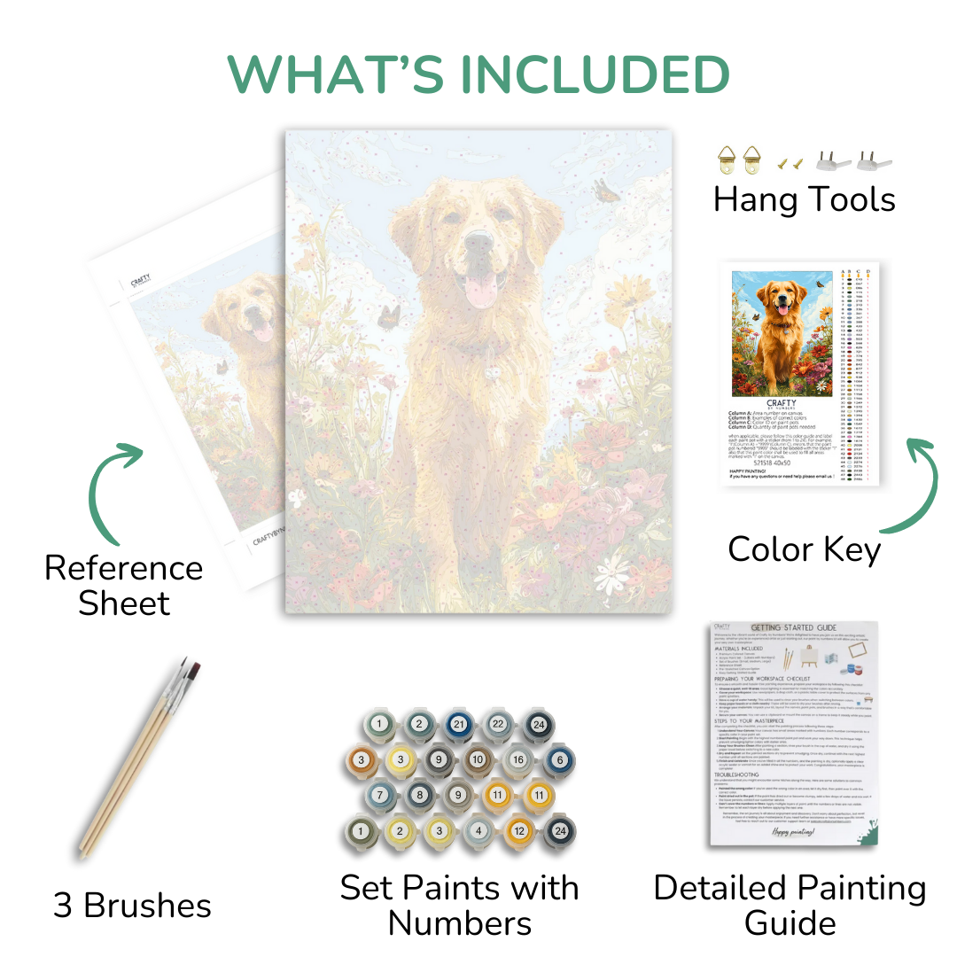 Artistic painting kit with a dog illustration, including brushes, paint set, reference sheet, color key, and detailed guide.