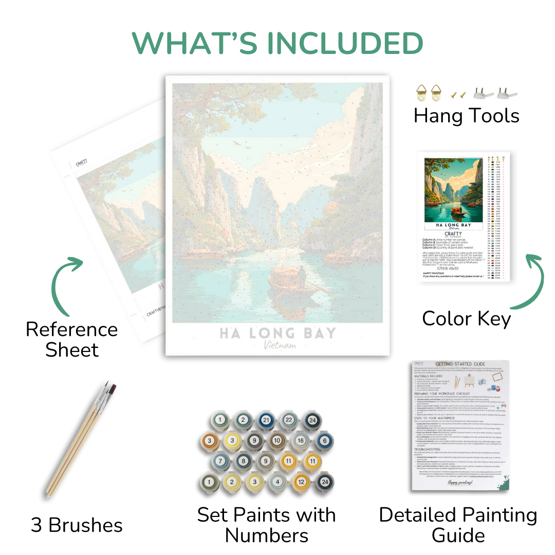 Collection of art supplies including a painting, reference sheet, brushes, set paints, and a detailed painting guide.