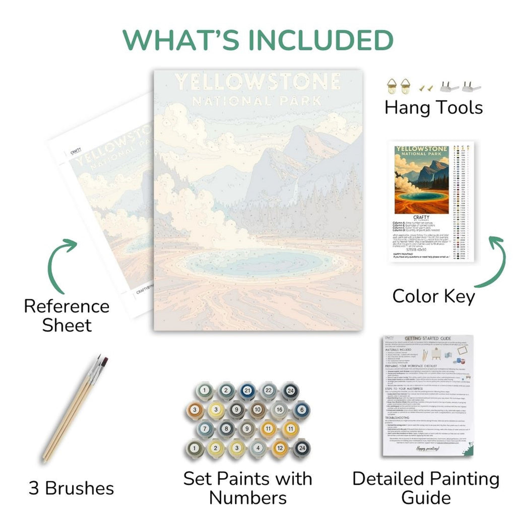 Yellowstone National Park painting kit with reference sheet, brushes, paint set, and detailed guide.