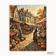 Painting of a bustling autumn market with people and stalls.