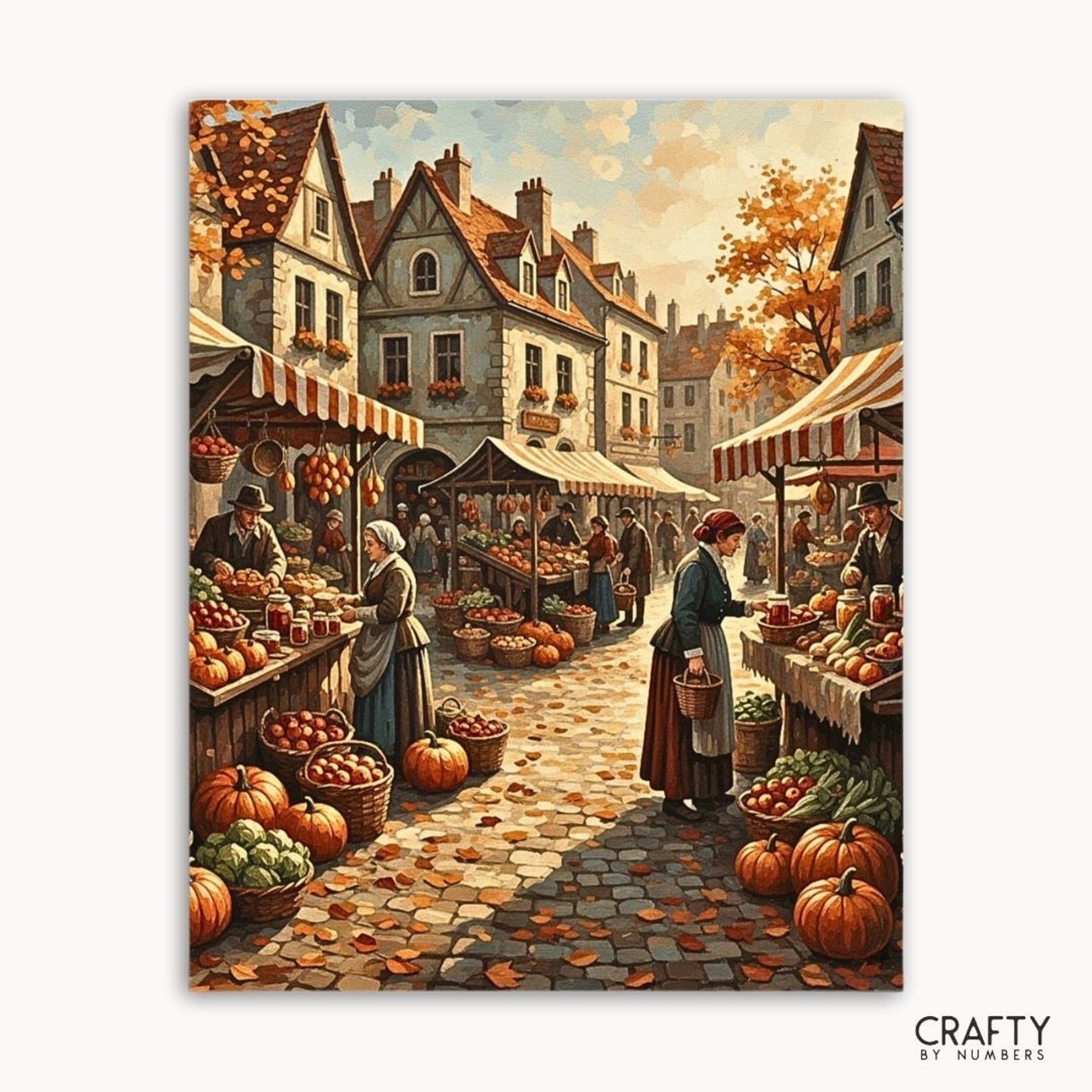Painting of a bustling autumn market with people and stalls.