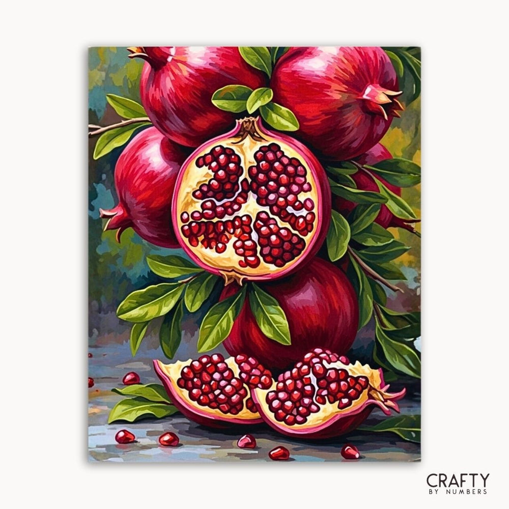 Painting of pomegranates with a 'Crafty by Numbers' logo.