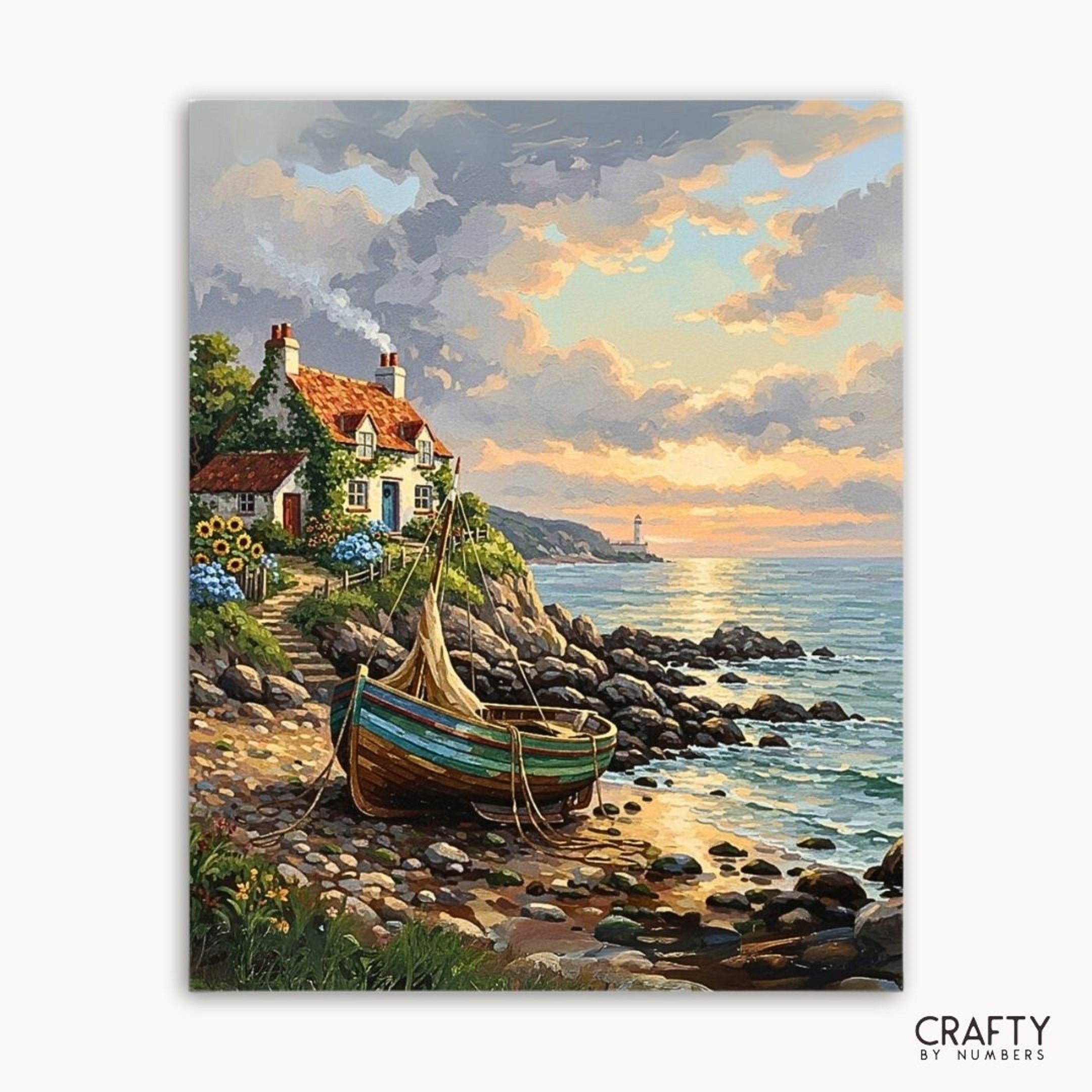 Painting of a coastal scene with a house, boat, and lighthouse.