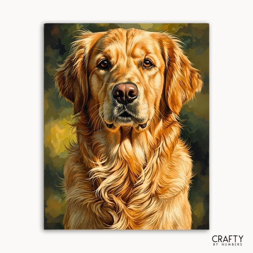 Painting of a golden retriever with a green and brown abstract background