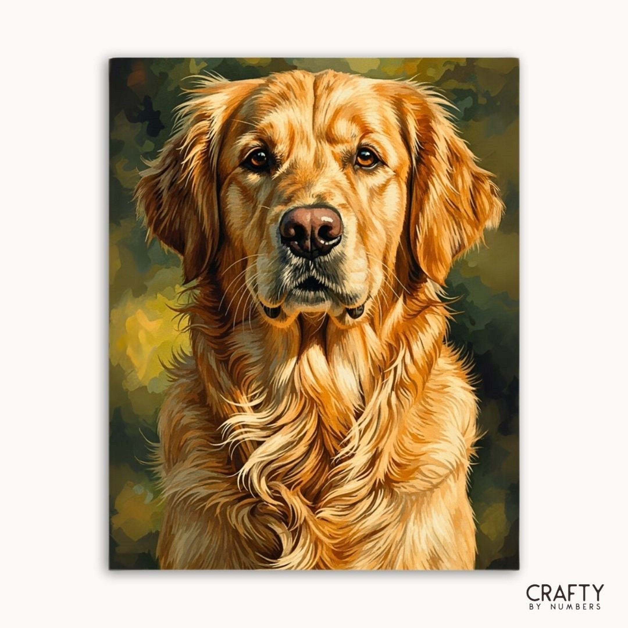 Painting of a golden retriever with a green and brown abstract background