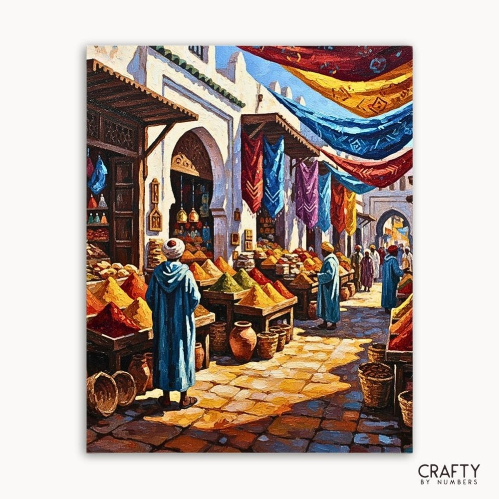 Painting of a vibrant market scene with people and colorful stalls.