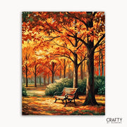 Painting of an autumn scene with trees and a bench, featuring the brand 'Crafty by Numbers'.