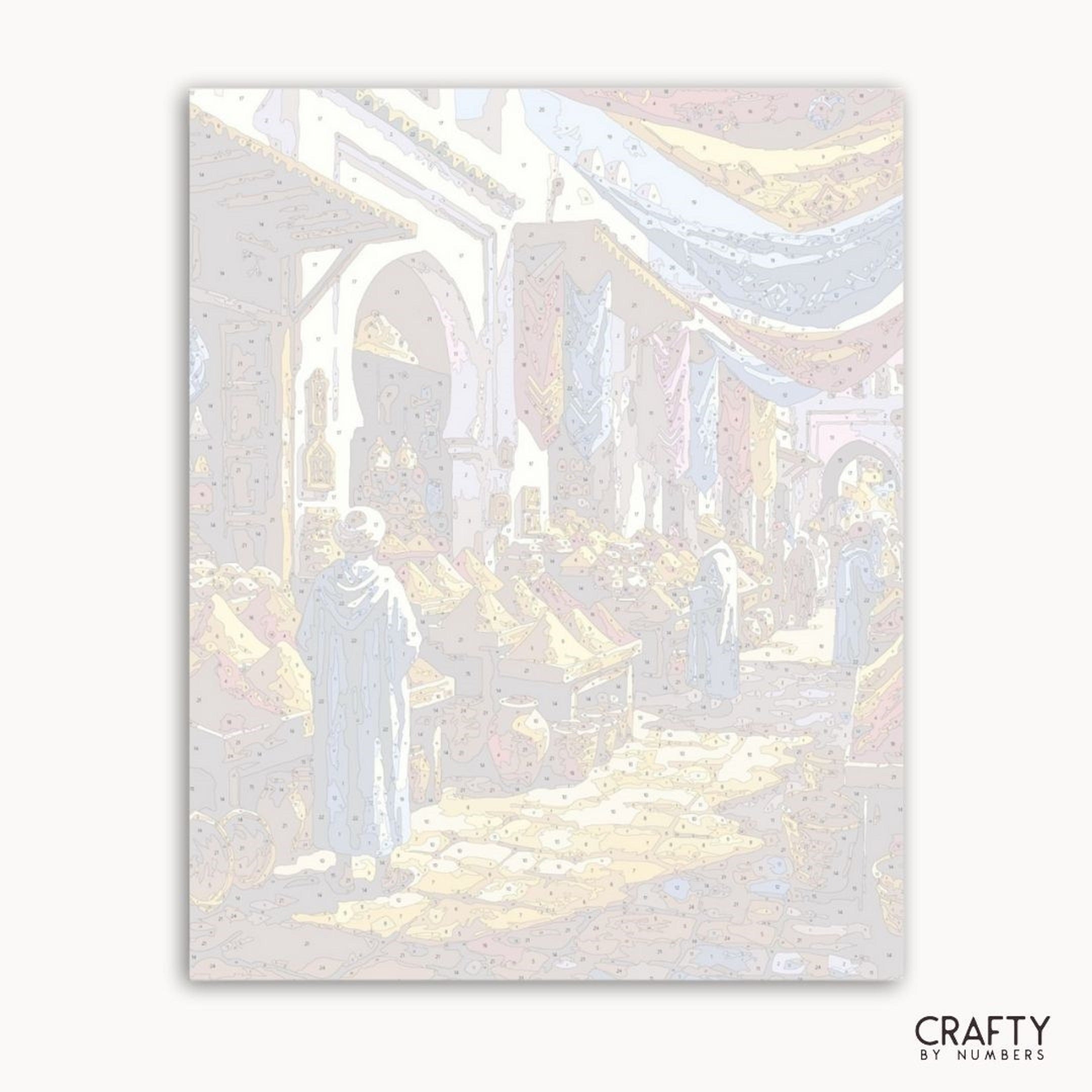 Artistic depiction of a religious scene with figures and architectural elements, featuring soft colors.