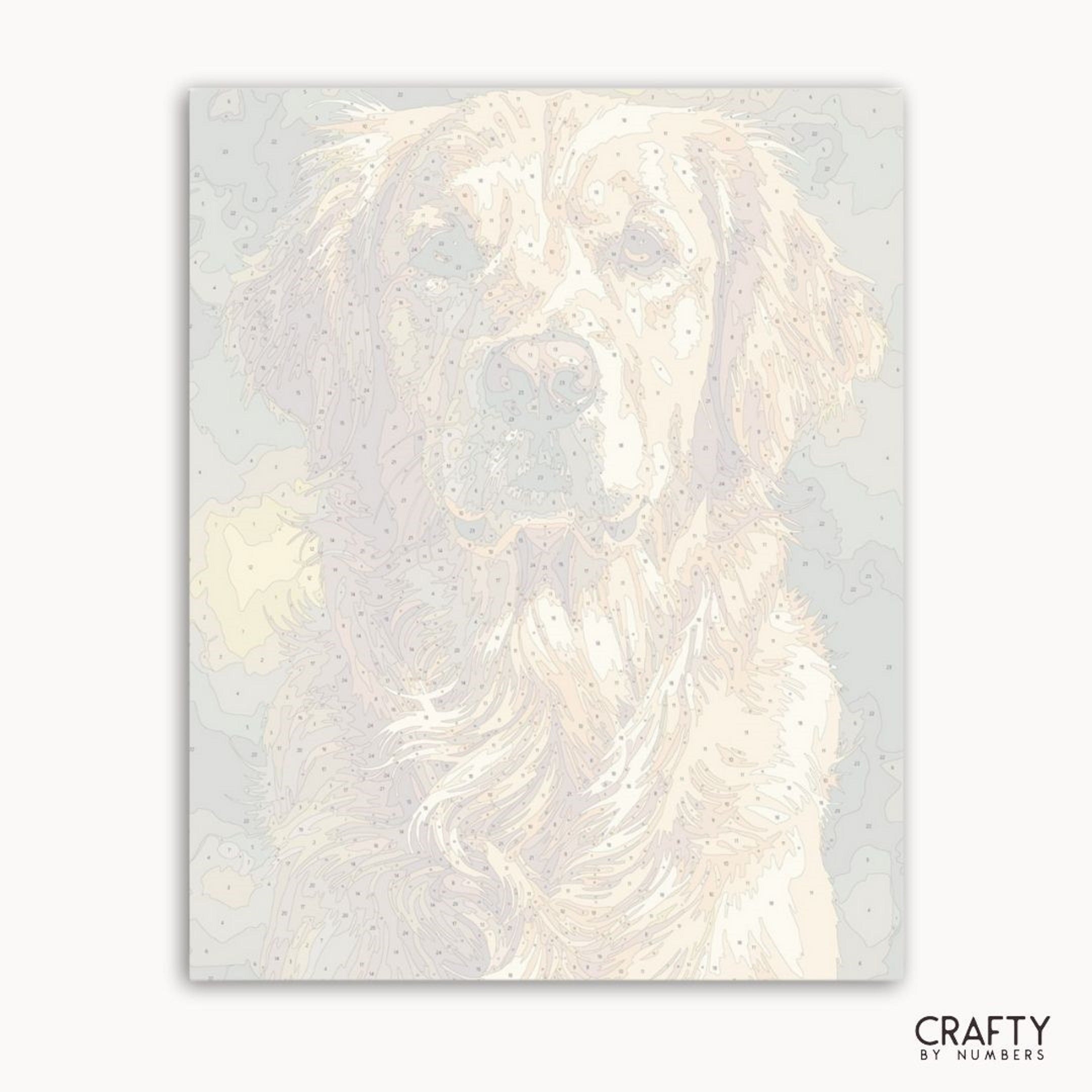 Dog illustration on a light gray background with 'Crafty by Numbers' branding.