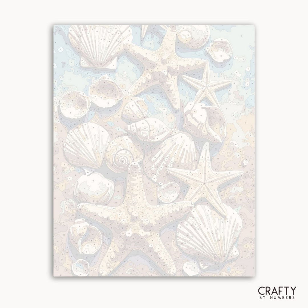 Iridescent seashell and starfish pattern on a light blue background with 'Crafty by Numbers' branding.