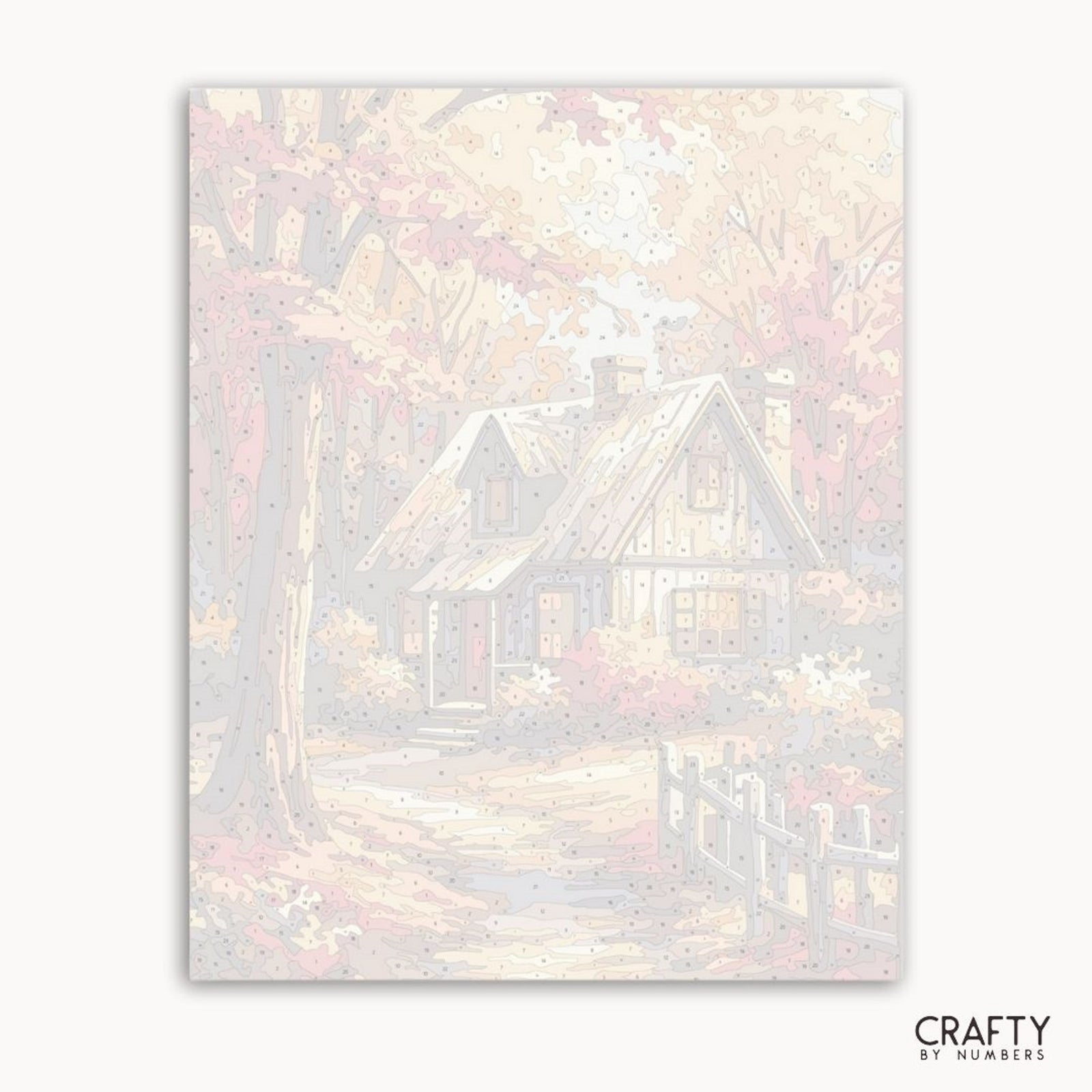 Illustration aux couleurs pastel d'une maison avec des arbres et des lumières, avec la marque « Crafty by Numbers ».
