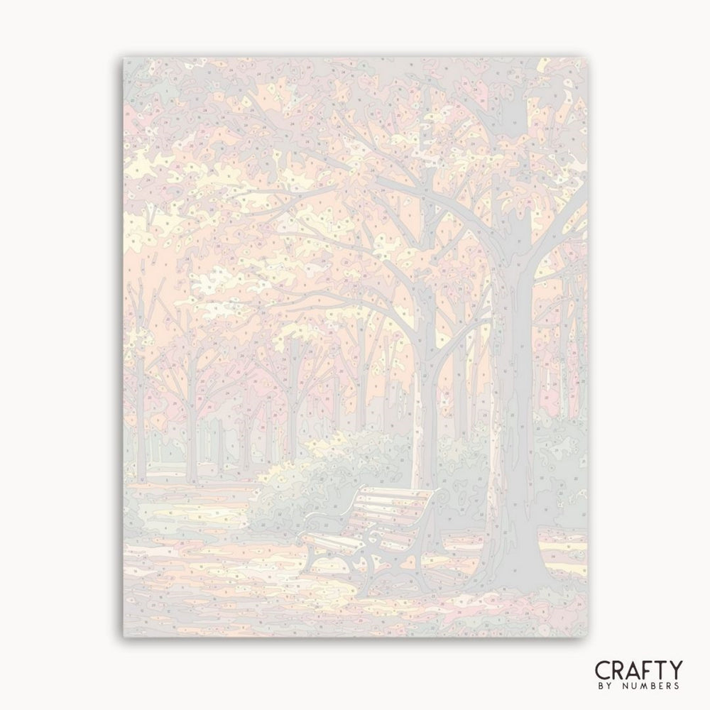 Framed artwork of a forest scene with pastel colors on a white background