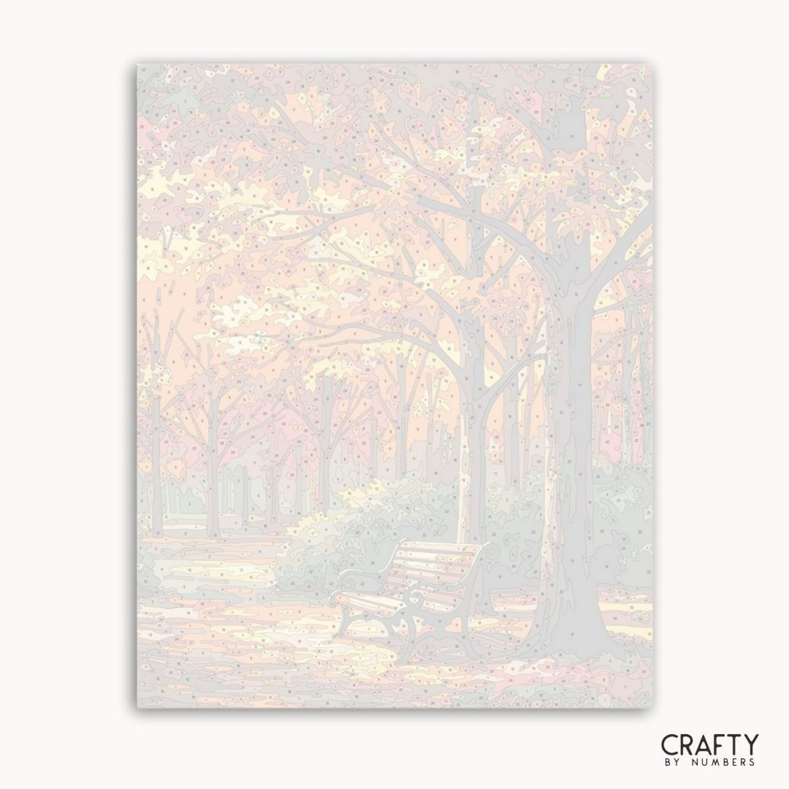 Obra de arte enmarcada de una escena de bosque con colores pastel sobre un fondo blanco.
