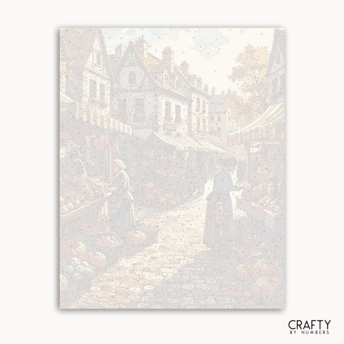 Oeuvre encadrée représentant une scène de village enneigé avec des gens marchant, avec la marque « Crafty by Numbers ».