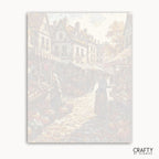 Framed artwork of a snowy village scene with people walking, featuring the brand 'Crafty by Numbers'.