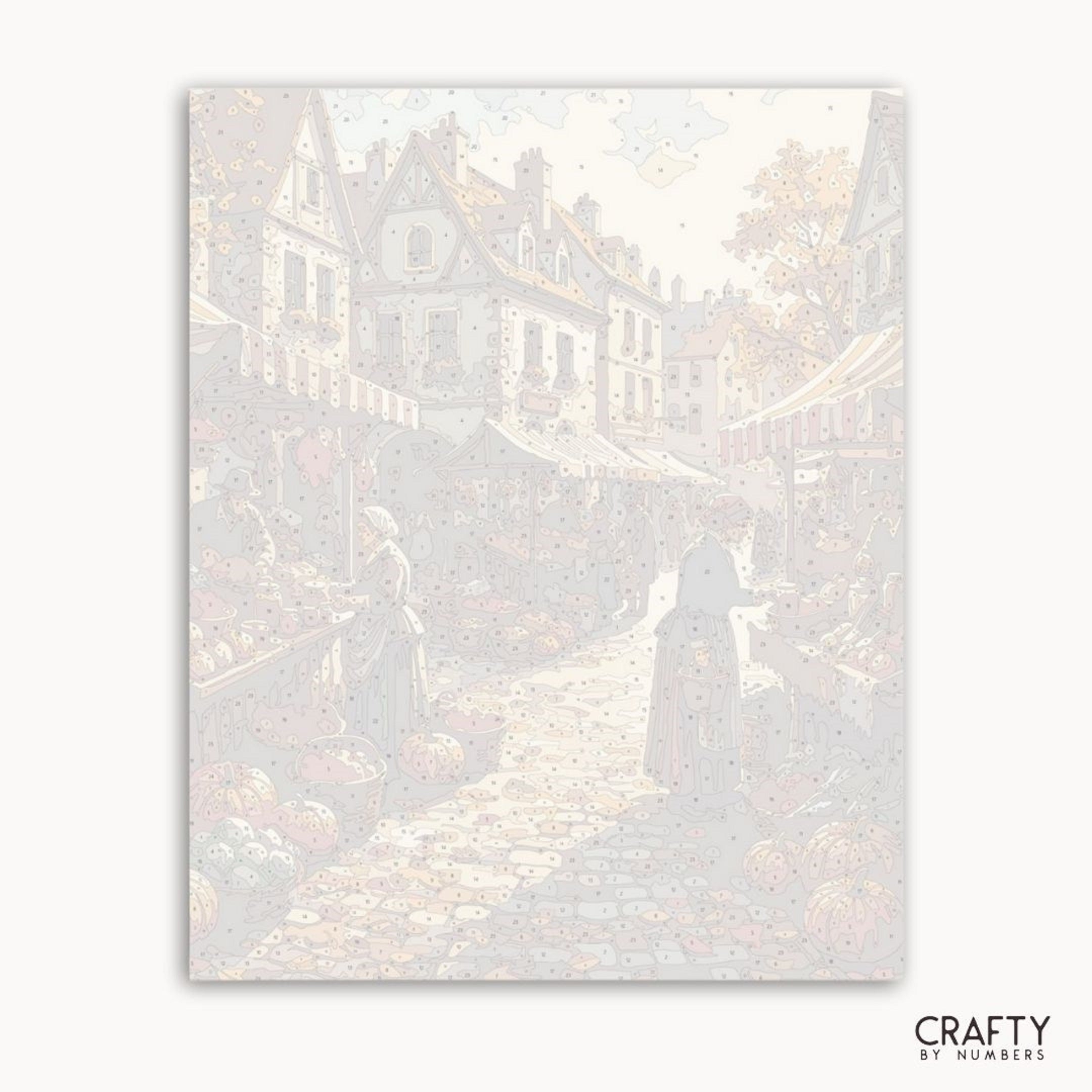 Framed artwork of a snowy village scene with people walking, featuring the brand 'Crafty by Numbers'.