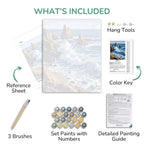 Artistic painting kit components including a canvas, reference sheet, brushes, paint set, color key, and detailed guide.