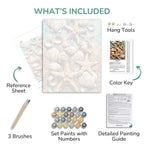 Artistic painting kit components including a reference sheet, brushes, paint set, color key, and detailed painting guide.