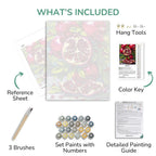Artistic painting kit components including a reference sheet, brushes, paint set, color key, and detailed painting guide.