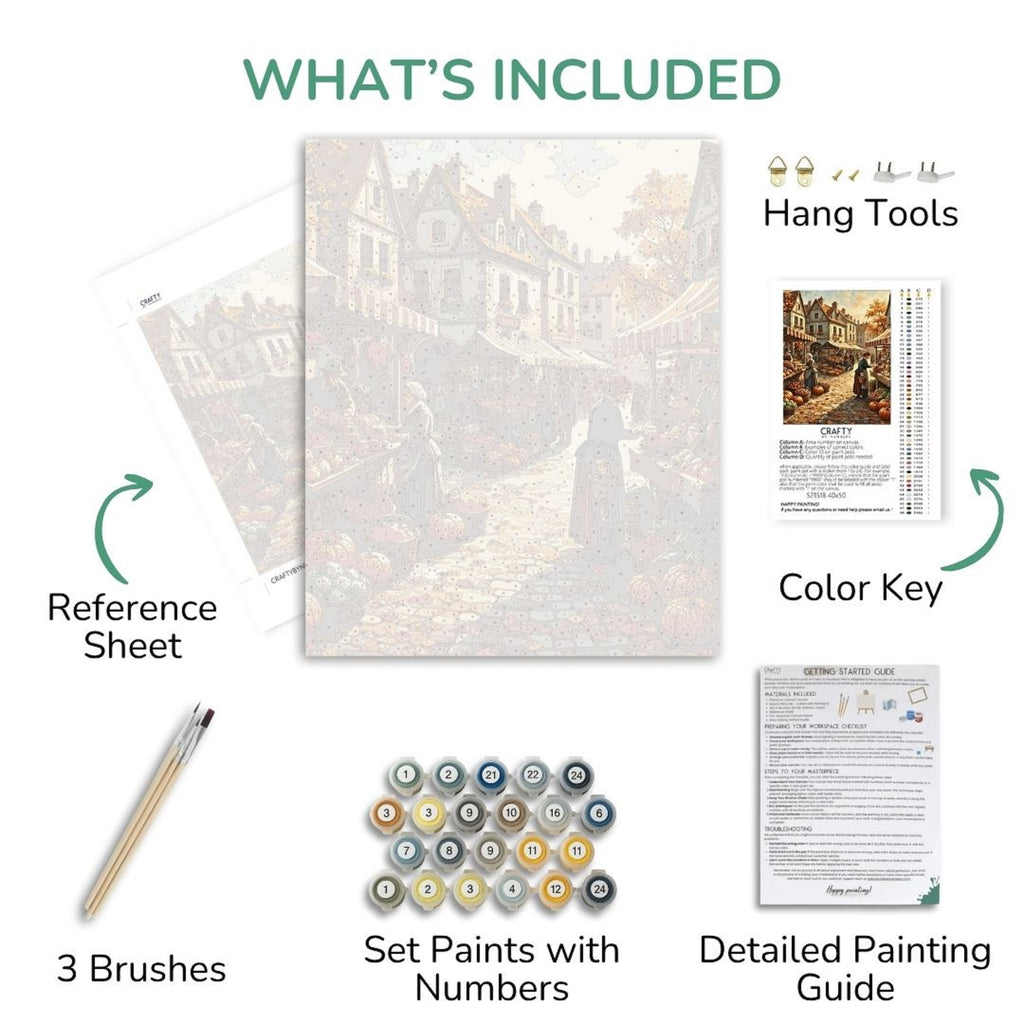 Artistic painting kit components including reference sheet, brushes, paint set, color key, and detailed guide on a white background.